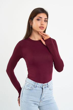 Kadın Bordo Bisiklet Yaka Parmak Detaylı Body Image 0