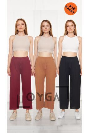 3'lü Siyah- Bordo -camel Kadın Fitilli Raporlu Pantolon & Eşofman, Gündelik Ev Giyim Pijama Image 0