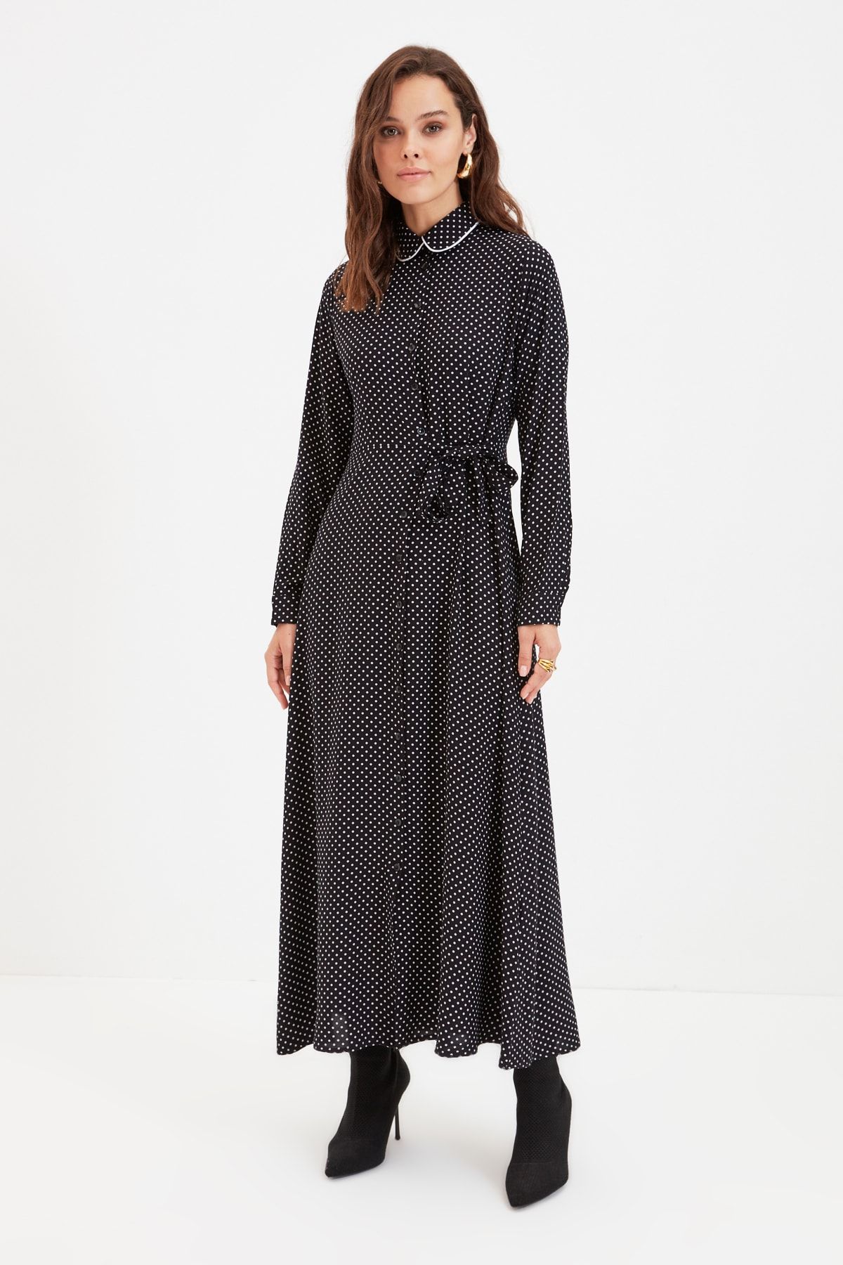 Trendyol Modest Siyah Puantiyeli Bebe Yaka Elbise TCTAW22EB0034