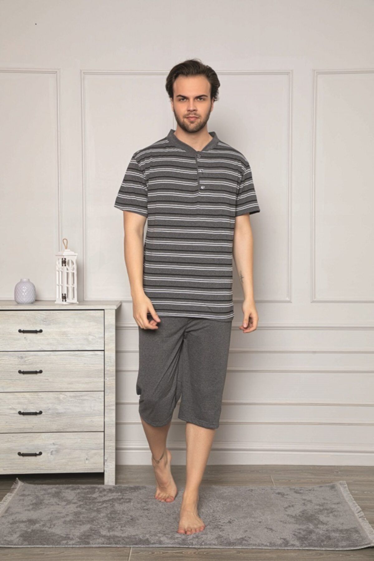 Tutkun Gri Çizgili Büyük Beden Erkek Pijama Takımı 11490