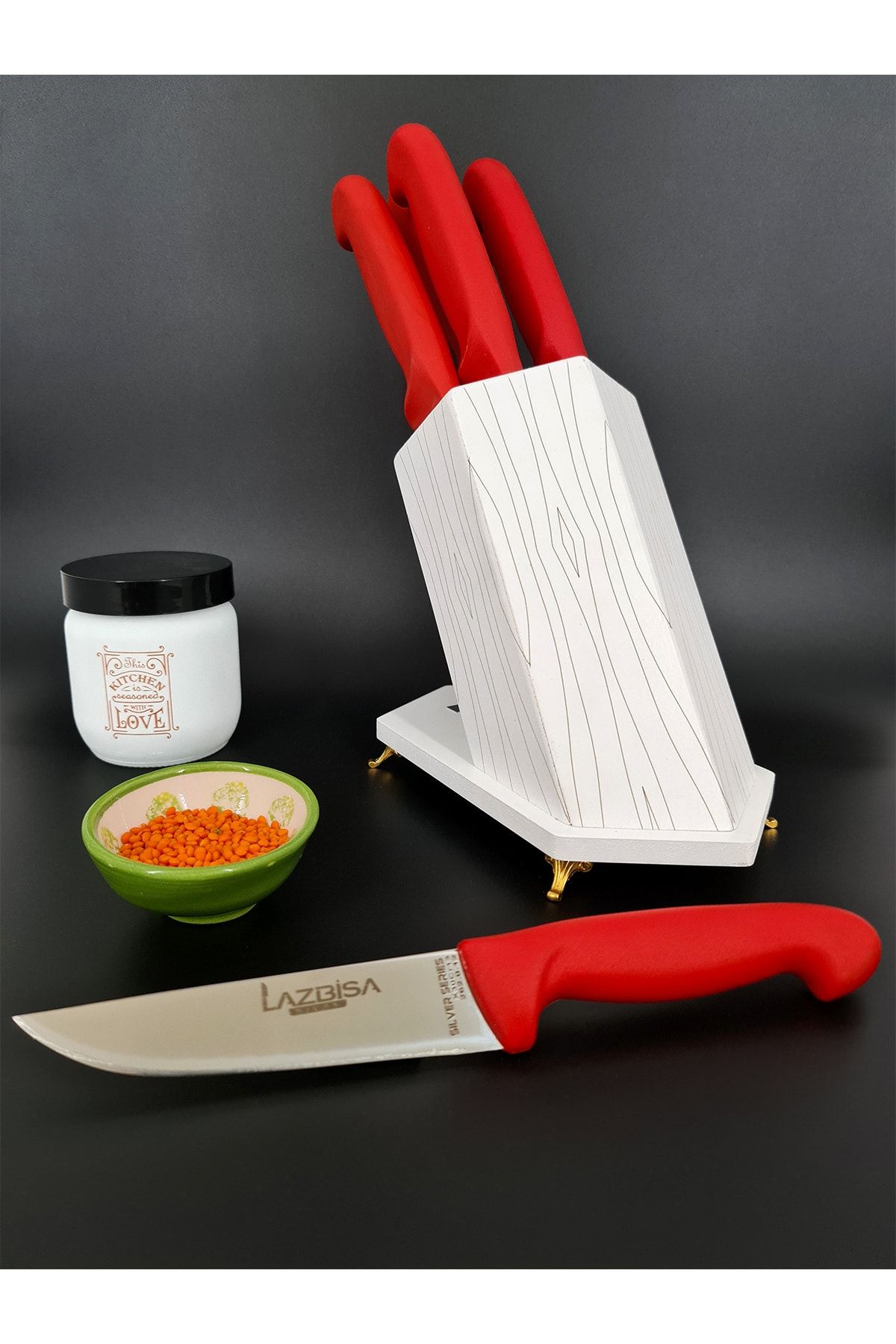 LAZBİSA Mutfak Bıçak Seti Et Ekmek Sebze Börek Pide Bıçağı Stant  5 Bıçak + 1 Stand  Silver Serisi