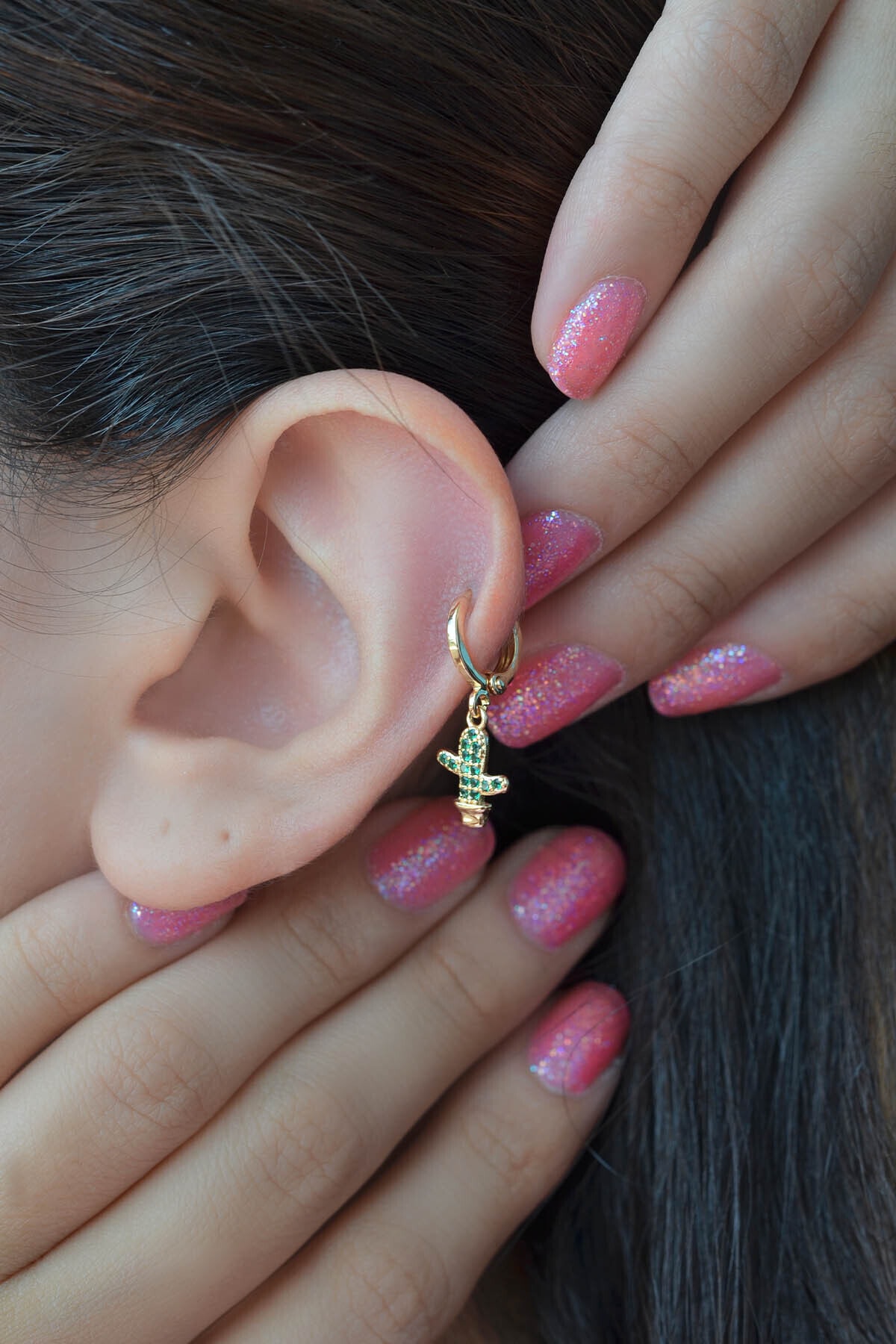 Sacce Scarves&Accessories Yeşil Kaktüs Halka Piercing Helix Kıkırdak Küpesi