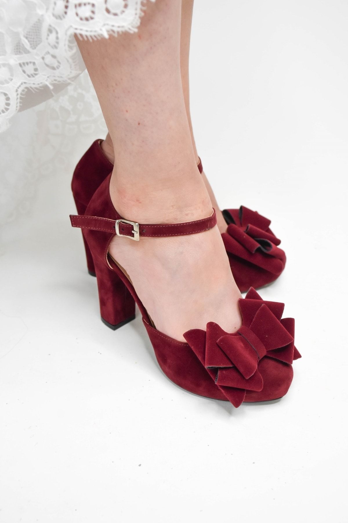 LİNEER Kadın Bordo Renk Süet Fiyonklu 9 Cm Platform Topuklu Abiye Ayakkabı