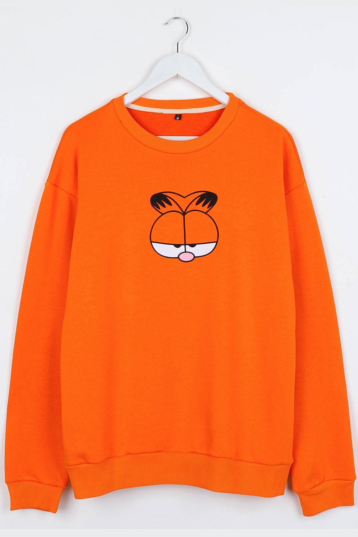 Sekizbiraltı Kedi Baskılı Oversize Turuncu Unisex Sweatshirt