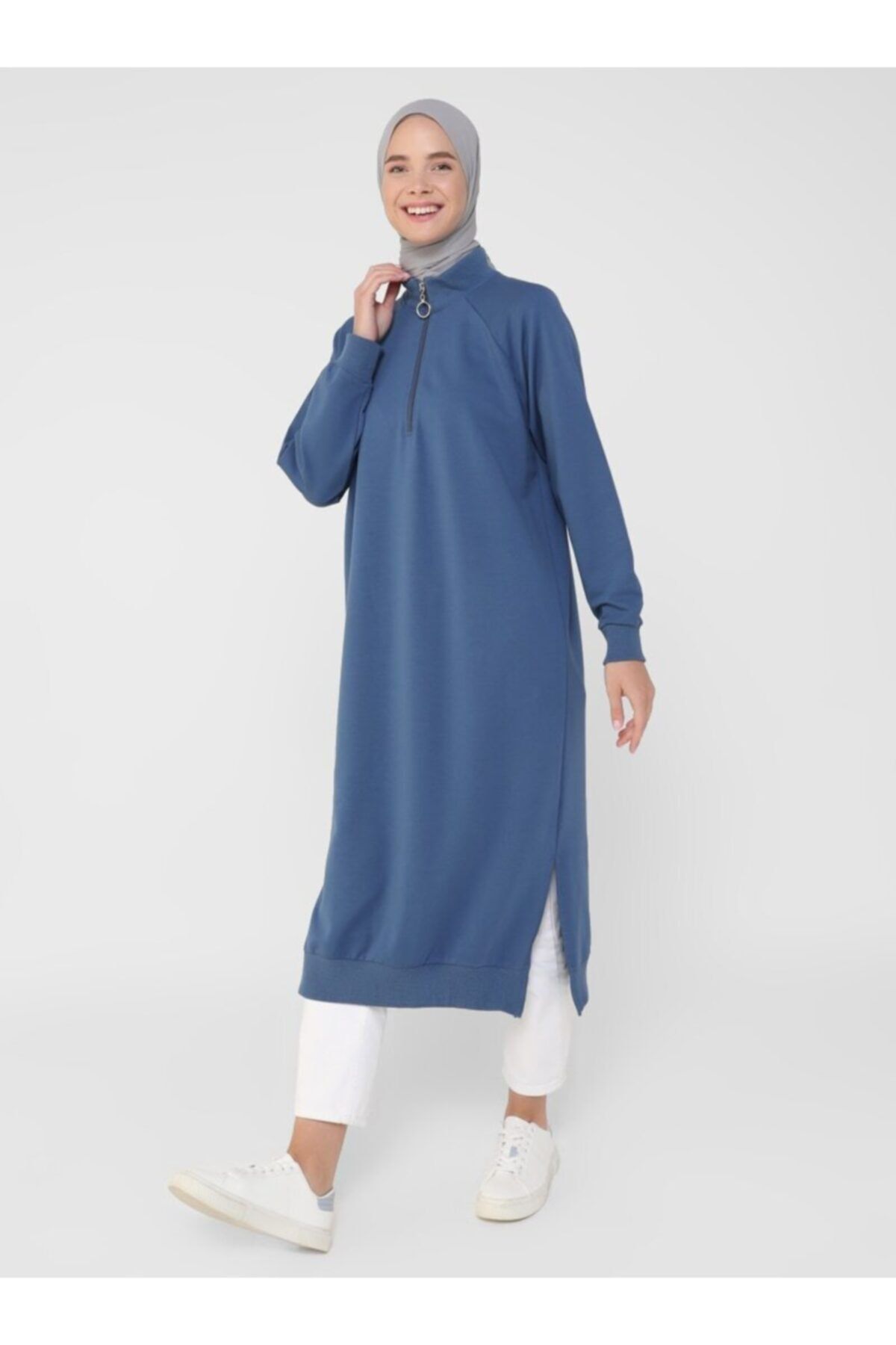 Refka Fermuar Detaylı Sweatshirt - Açık Lacivert - Basic