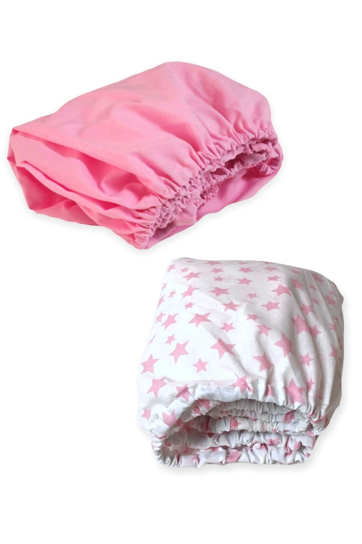 Bebek Özel Pamuklu Bebek Çocuk Lastikli Çarşaf 80x120 (2 Adet) Pembe Ve Pembe Yıldızlı