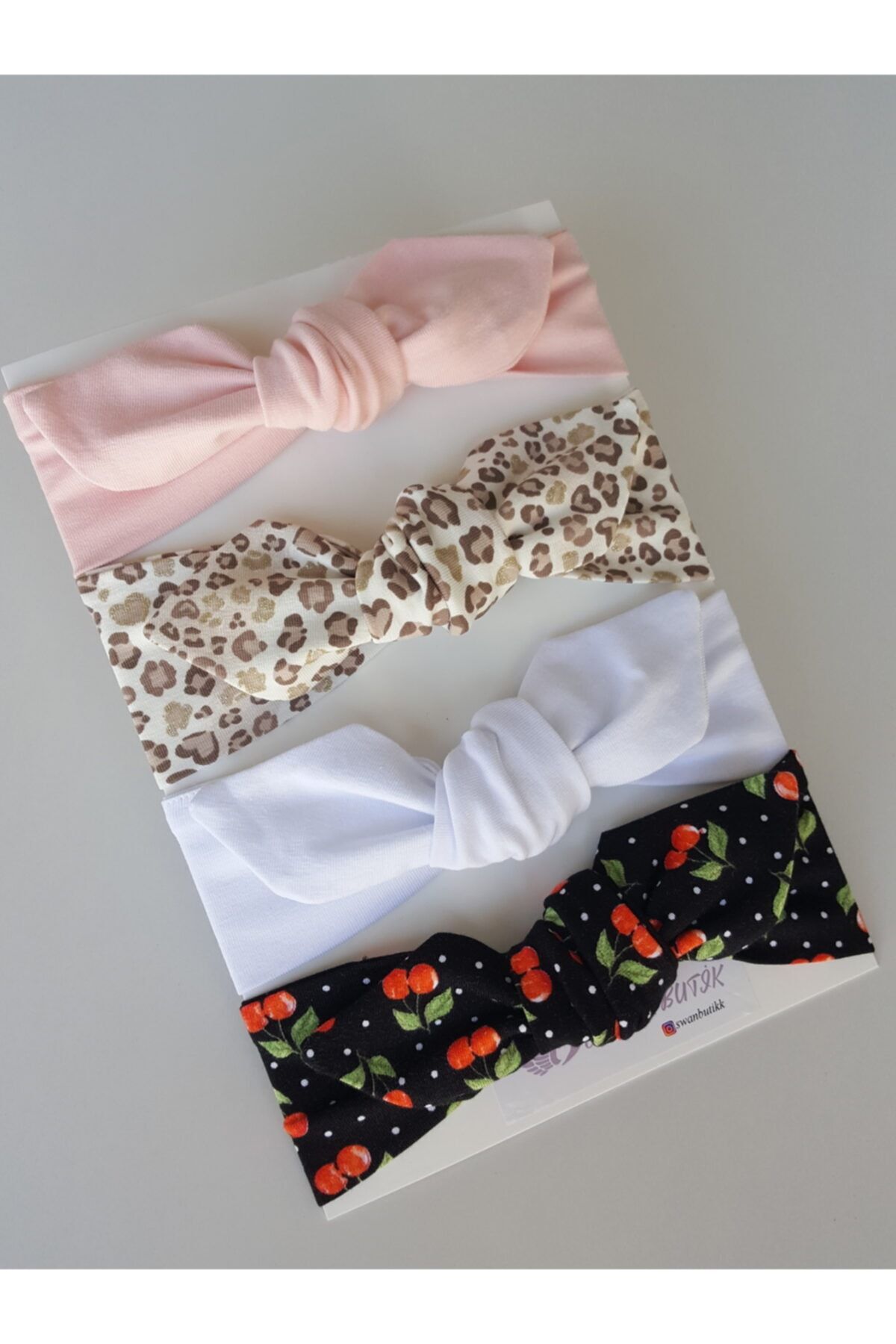 swan butik Kız Çocuk Bebek Bandana Toka Seti 4'lü Leopar, Siyah Kirazlı , Pudra Pembe, Beyaz
