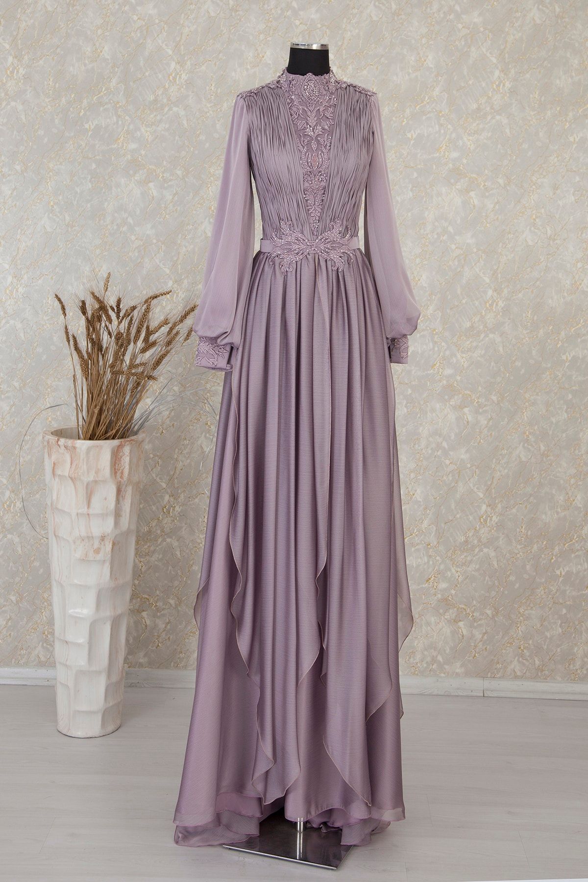 Minelia Kadın Menekşe Drape Detaylı Şifon Tesettür Abiye  Elbise