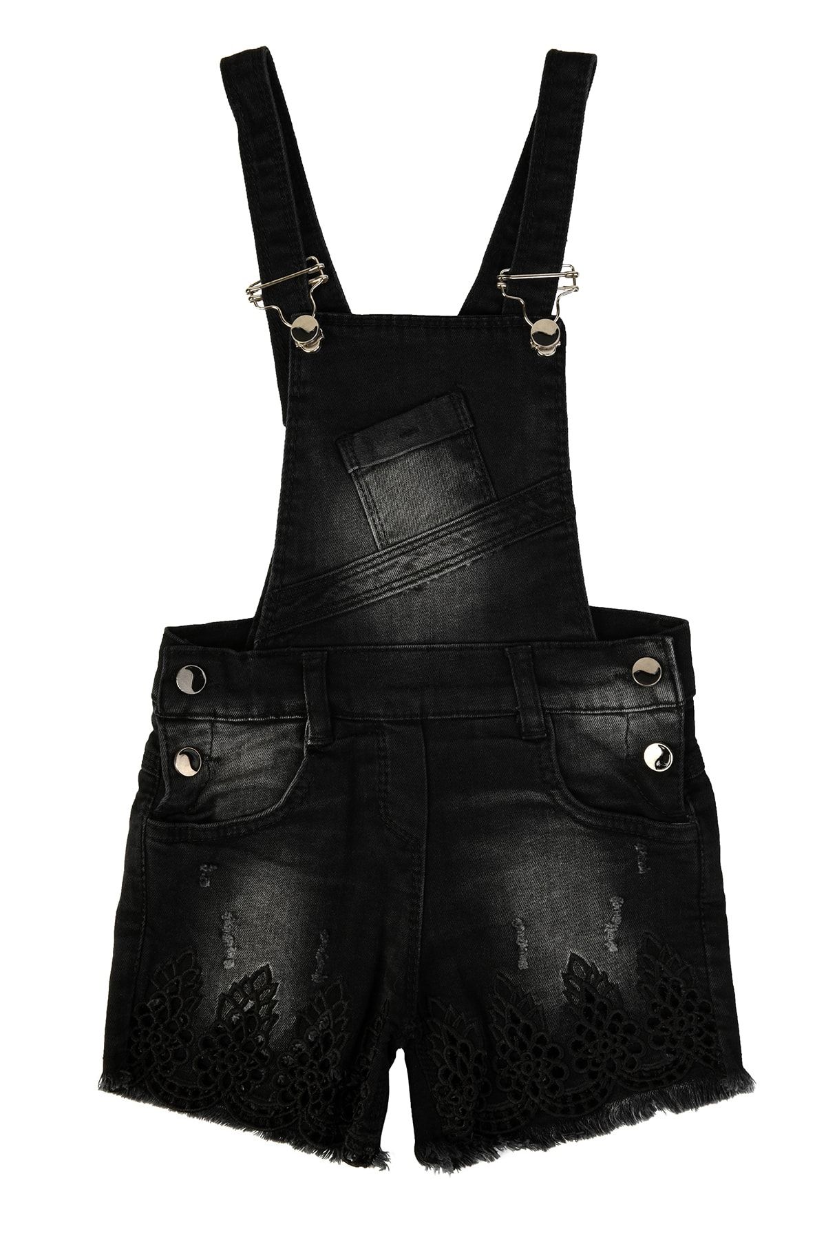 Zerkala Kız Çocuk Siyah Şortlu Denim Dantel Detaylı Tulum