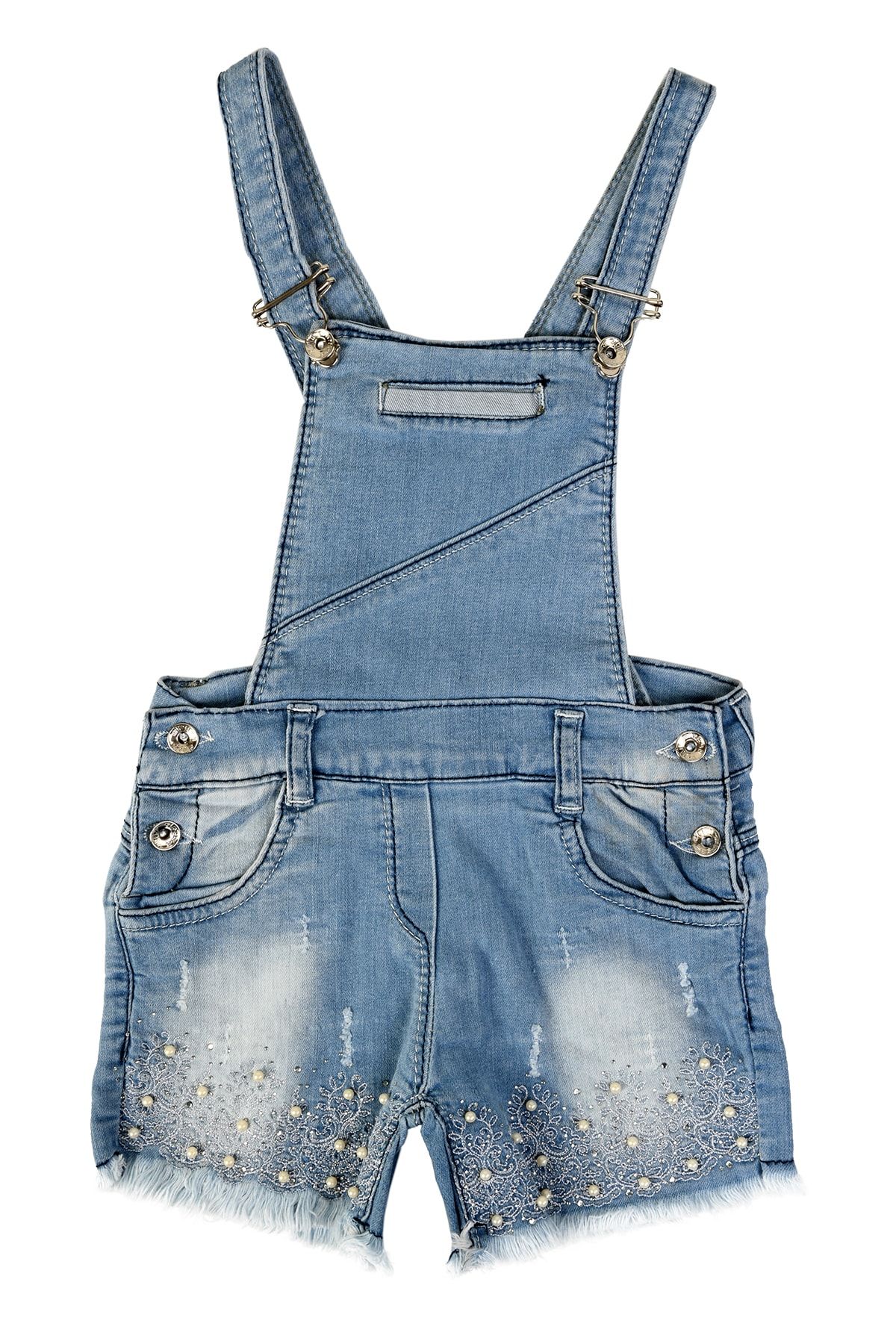 Zerkala Kız Çocuk Mavi Denim Incili Şortlu Tulum