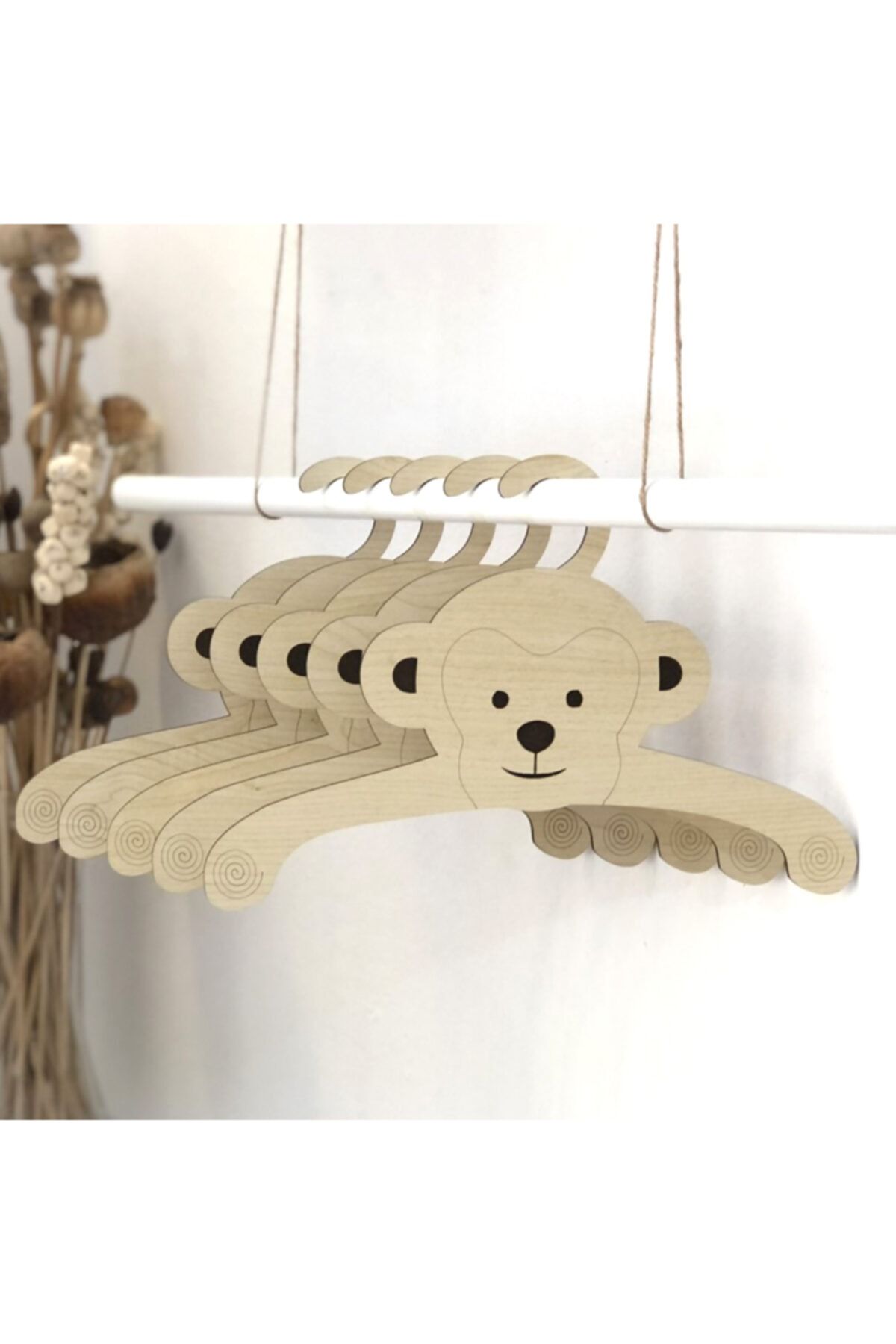 EYL Home 5li Bebek Elbise Askısı Ahşap Kıyafet Askısı Maymun