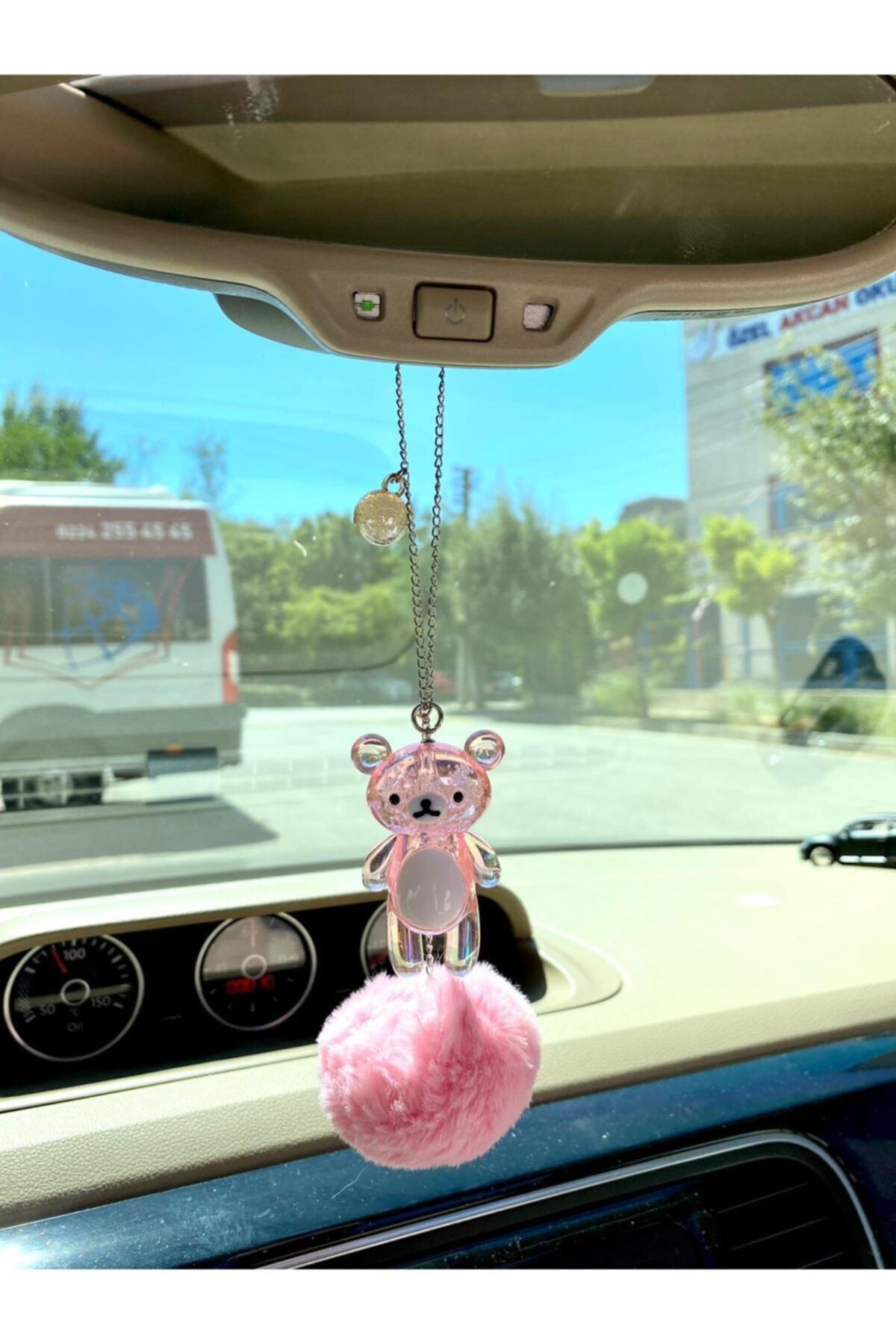 S&E TASARIM Otomobil Dikiz Süsü Dikiz Aynası Süsü Pembe Hologramlı,ponponlu Ayıcık Oto Kolye Elobears