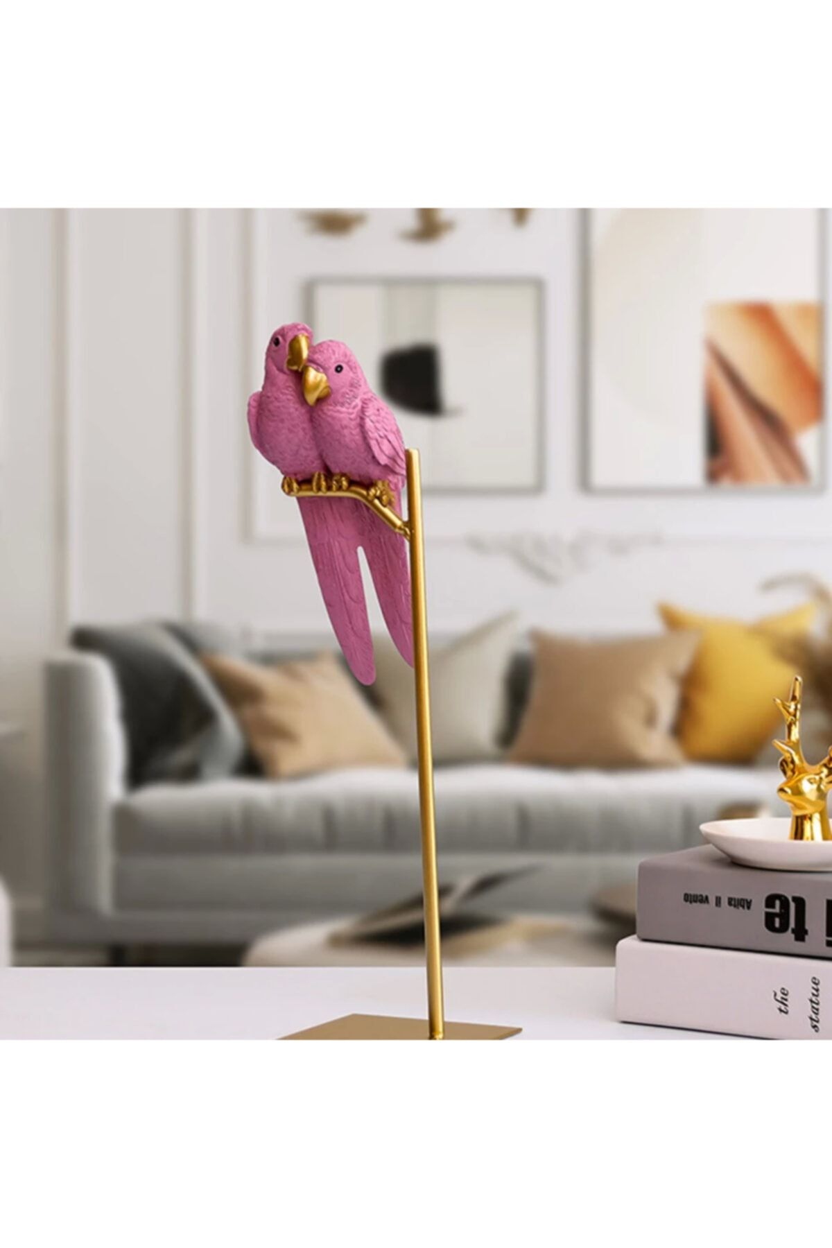 Vip Sanat Dekoratif Çift Papağan Biblo Gold Pembe