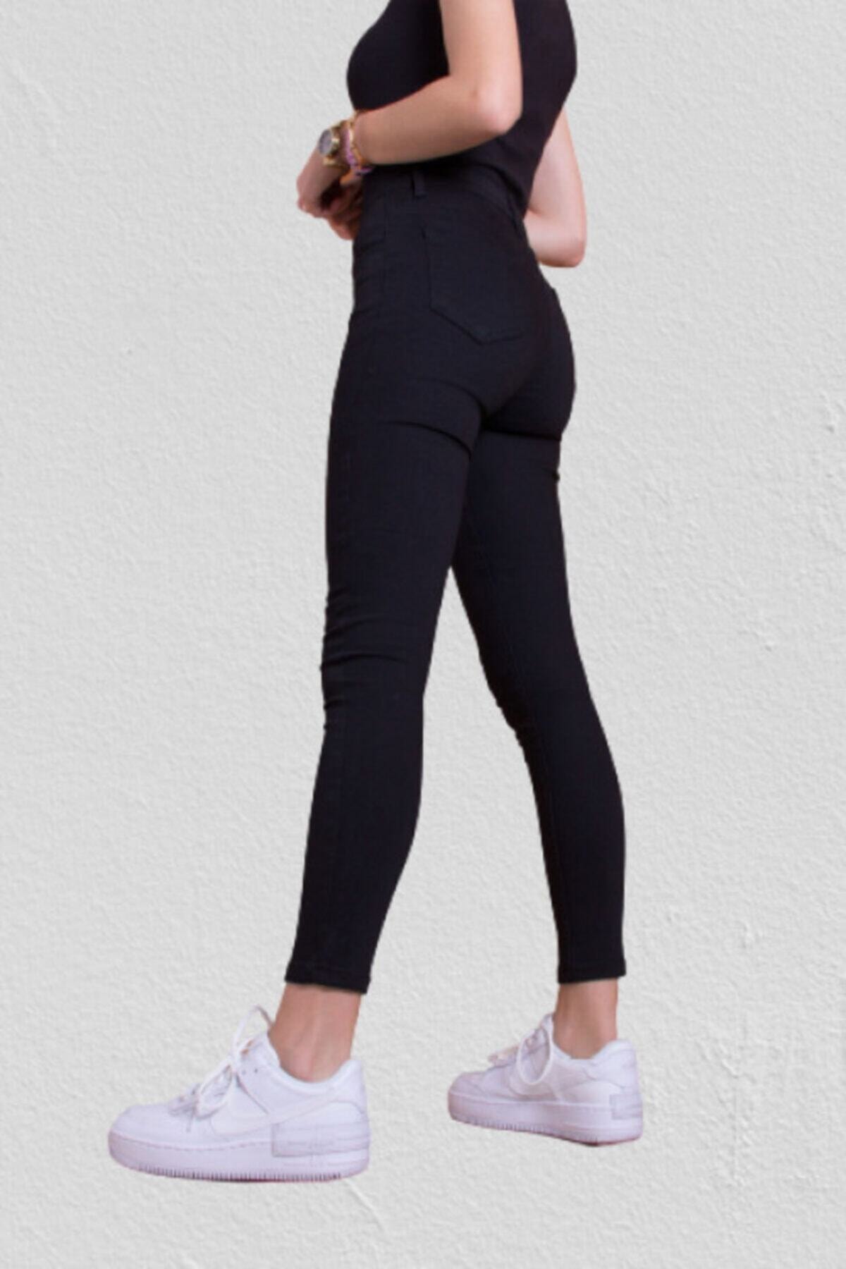 parti selesi Kadın Siyah Likralı Solmayan Yüksek Bel Skinny Pantolon Trfjns