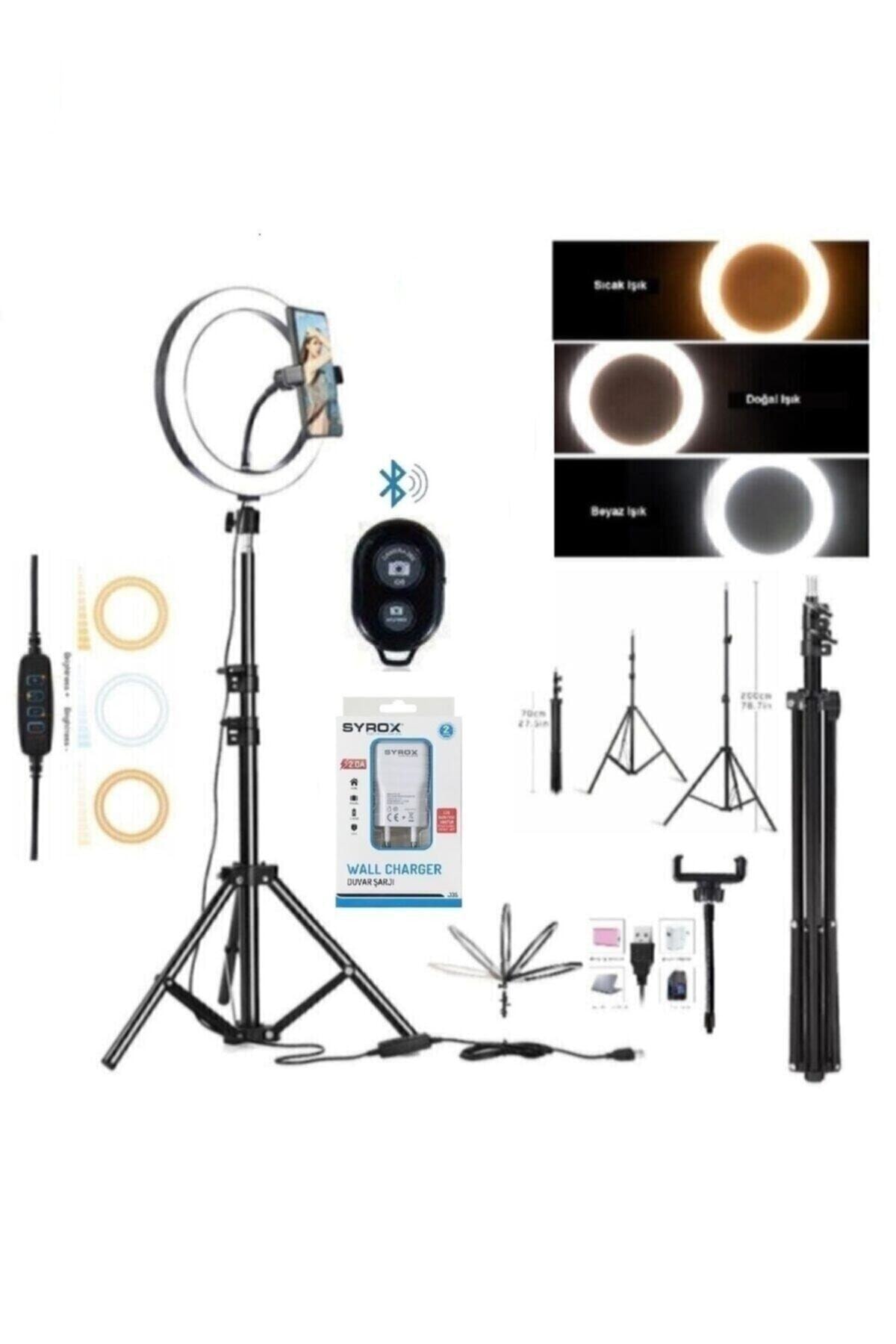Yussraw Ring Light Led Işıklı Tripod Bluetooth Kumandalı Adaptörlü 14 Inç Halka Yotuber Tiktok Makyaj Işığı