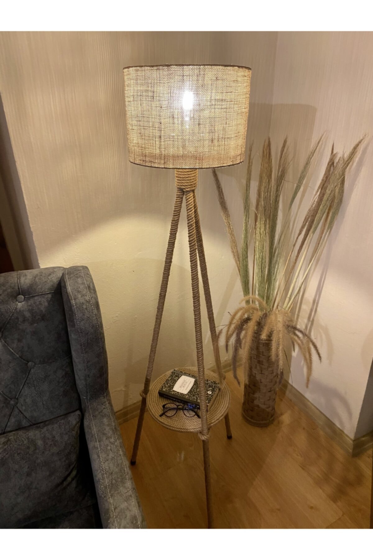 ESTA ATÖLYE Lüx Jüt Kumaş Başlık Tripod Sehpalı Lambader