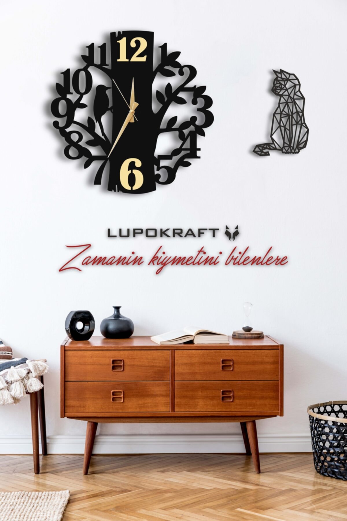 LUPOKRAFT Dekoratif Aynalı Duvar Saati 50x50cm + Kedi'li Tablo