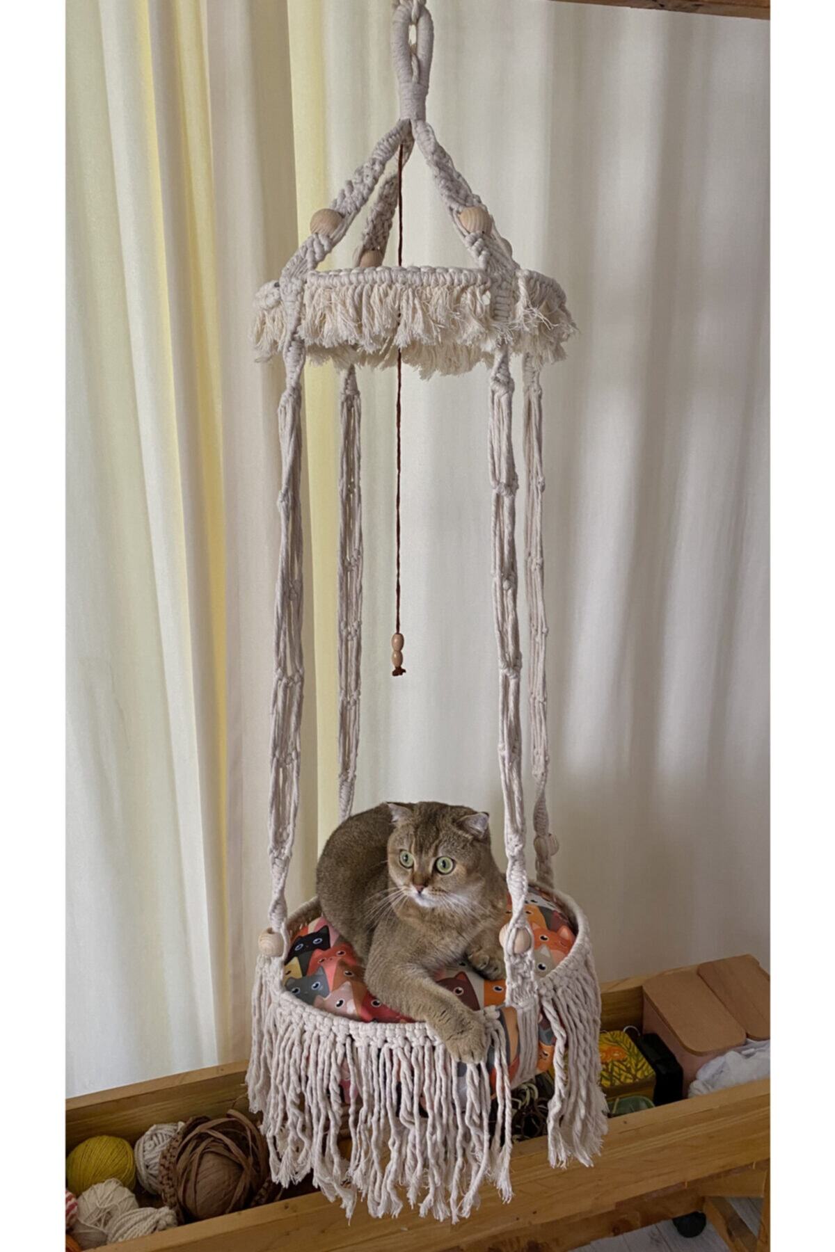 Loopy Collection Kırlent Dahil Makrome Kedi Hamağı / Salıncağı / Yatağı