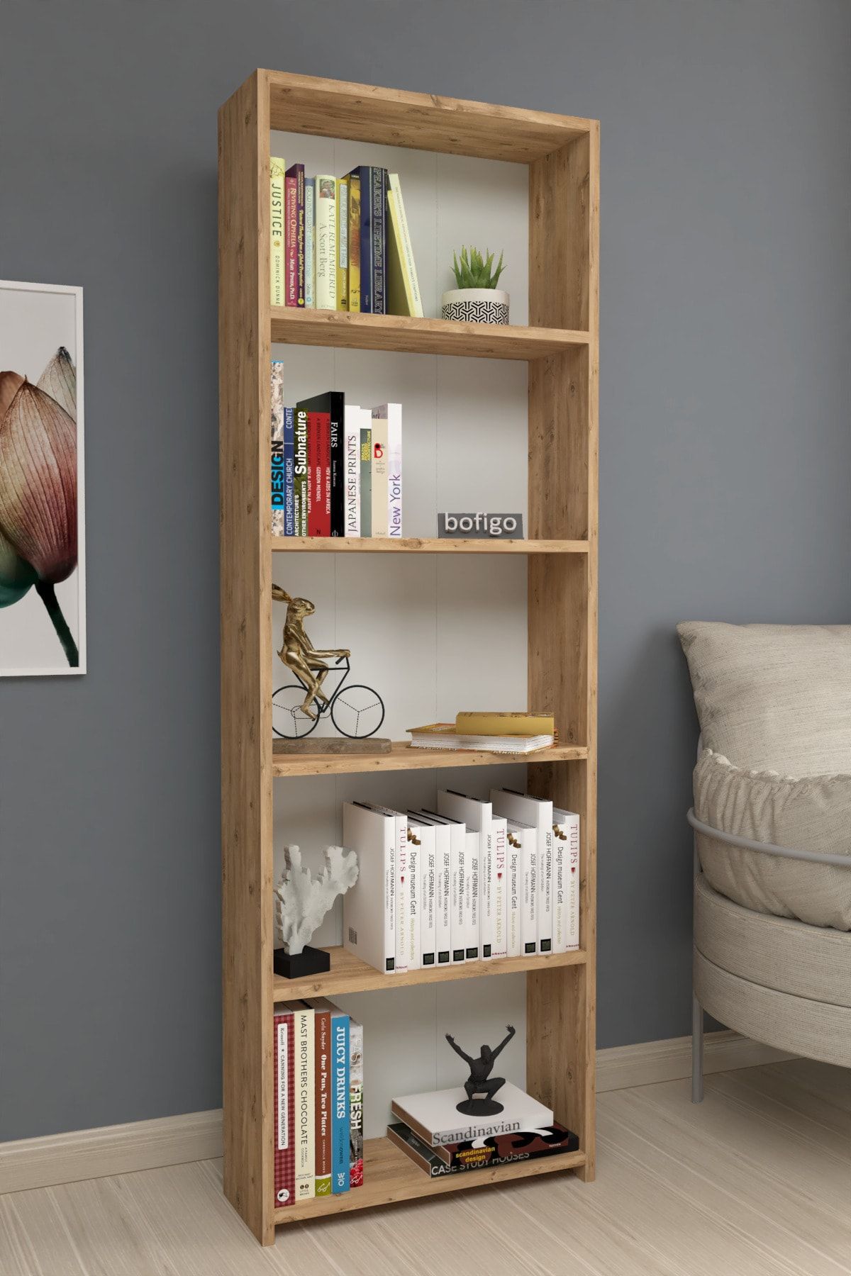 Bofigo Dekoratif 5 Raflı Kitaplık Modern Kitaplık Çam.