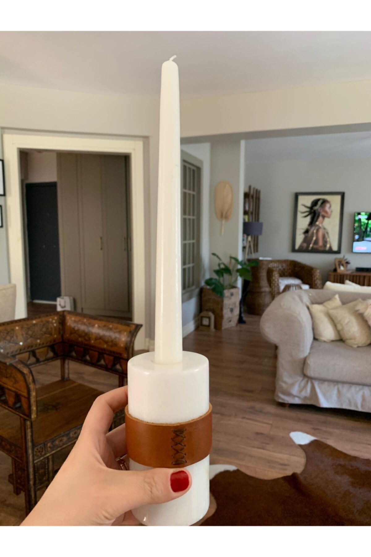 N Natural Stone Concept Pearl White Mermer Classic Dekoratif Şamdan&mumluk 2'li Set