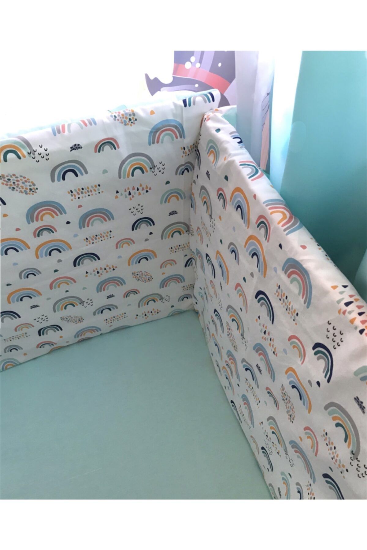 Bebek Özel Çocuk Beşik Kenar Koruma Bumper 90x190 Montessori (3 Parça) Gökkuşağı Mint Yeşili