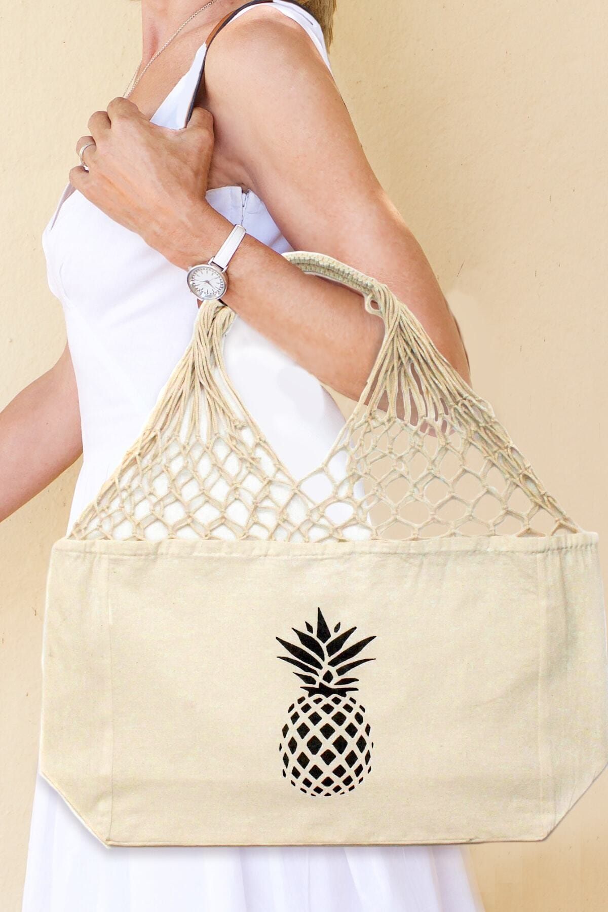 EARABUL Ananas Baskılı Plaj Çantası Makrome Askılı Ham Bez Çanta