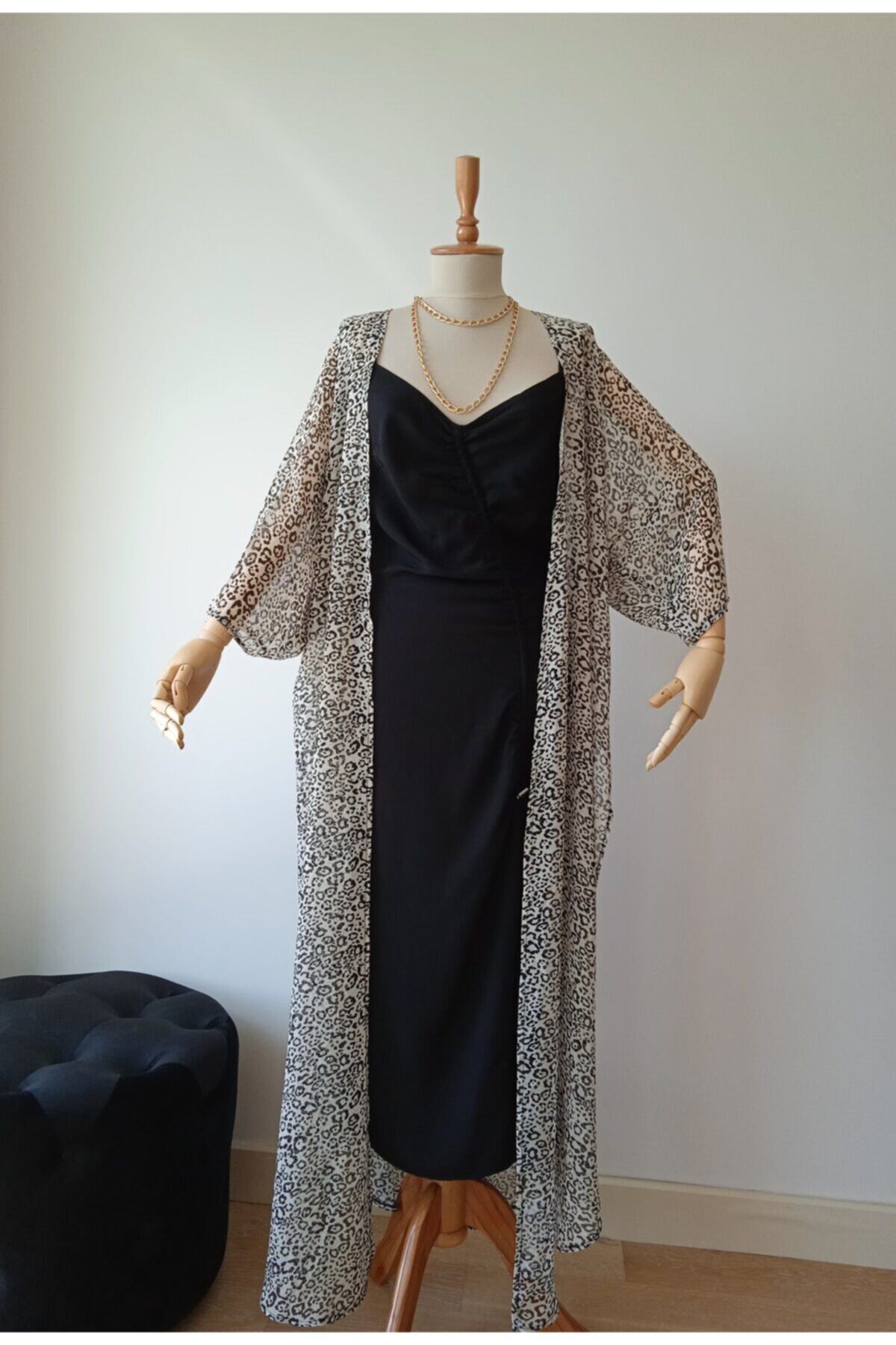 İVİA Siyah Kahve Leopar Elbise Kimono