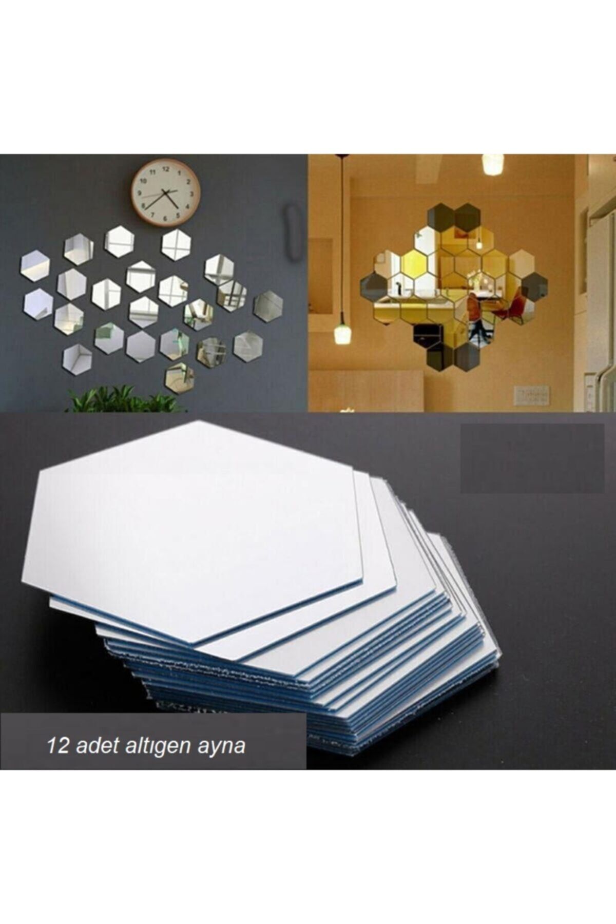 EFFE PAZARLAMA Yapışkanlı Dekoratif Akrilik Ayna Altıgen ( 12 Adet )