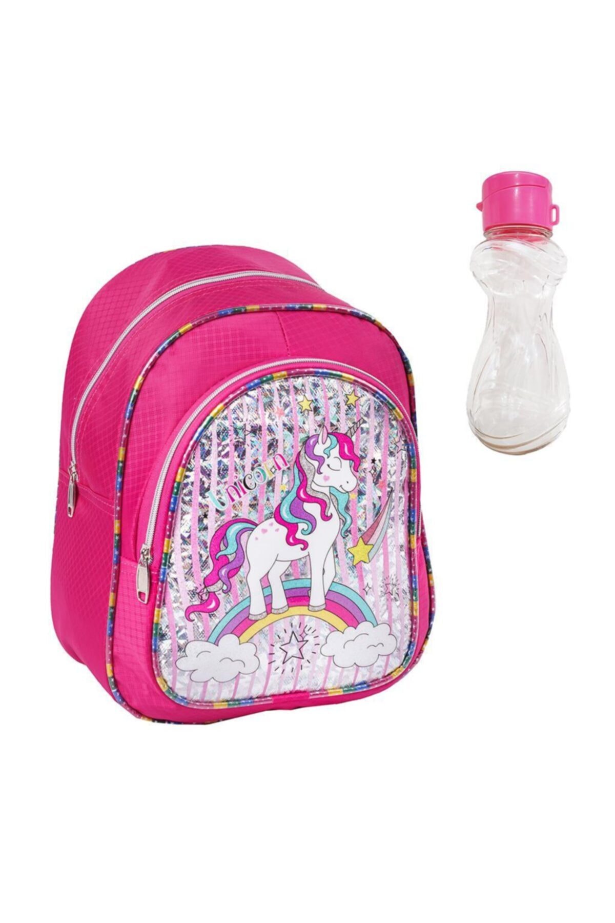 Mashotrend Gökkuşağı Bulut Pembe Unicorn Çanta + Suluk - Anaokulu Çanta - Okul Çantası - Atcık Çanta