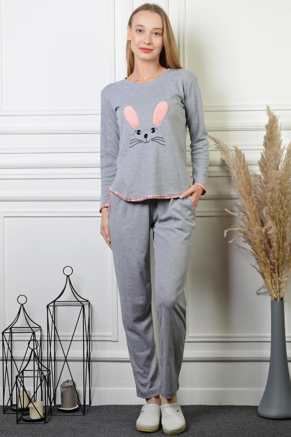 PİNKMARK Kadın Gri Pudra Tavşan İşlemeli Pijama Takımı Pmtk25311