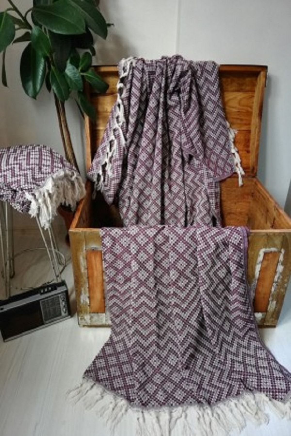 Mynova Textile Elmas Desenli Püsküllü Pamuk Pike - Tv Battaniyesi Bordo Renk