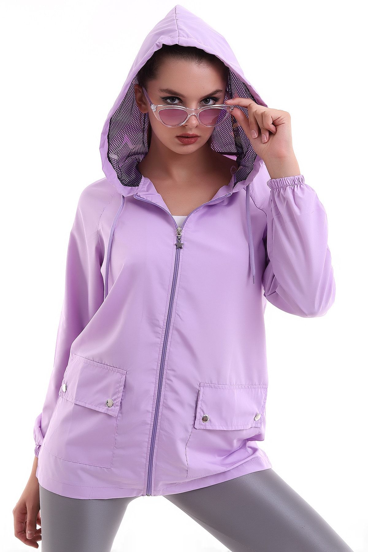 ARYA FASHION Kapüşonu Yıldız Desenli Cepli Bol Kesim Ince Spor Yağmurluk Ve Rüzgarlık