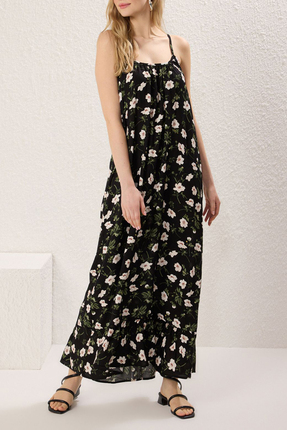 Siyah Çiçekli Geniş Kalıp Maxi Dokuma Elbise TEDSS25EL00003 Image 1