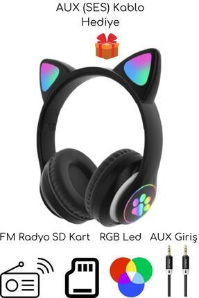 A Bass Kedili Kulaklık Bt Fm Radyo Sd Kart Aux Giriş Rgb Işıklı Kedili Kablosuz Kulaklık Image 0
