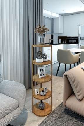 Miray Atlantik Çam 5 Katlı Yuvarlak Ahşap Çok Amaçlı Sehpa / Saksılık-Çiçeklik / Dekoratif Raf Image 0