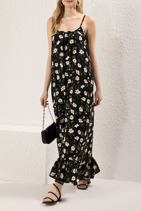 Siyah Çiçekli Geniş Kalıp Maxi Dokuma Elbise TEDSS25EL00003 Image 0