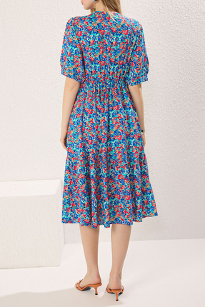 Mavi Çiçekli Midi Dokuma Elbise TEDSS25EL00002 Image 3