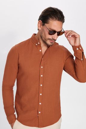 Erkek Slim Fit Dar Kesim Uzun Kollu %100 Pamuk Keten Doku Düğmeli Yaka Kiremit Renk Gömlek