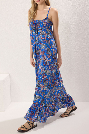 Saks Çiçekli Geniş Kalıp Maxi Dokuma Elbise TEDSS25EL00003 Image 1