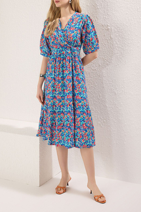 Mavi Çiçekli Midi Dokuma Elbise TEDSS25EL00002 Image 0