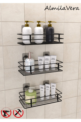 Güçlü Yapışkanlı Kancalı 3 Adet 3 Katlı Banyo Mutfak Düzenleyici Rafı Mat Siyah Image 0