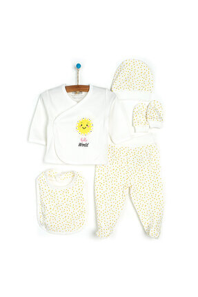 HelloBaby Yenidoğan Unisex Bebek 5li Hastane Çıkışı İnterlok Sunshine Çıtçıtlı Yaka Uzun Kol Ekru Image 0