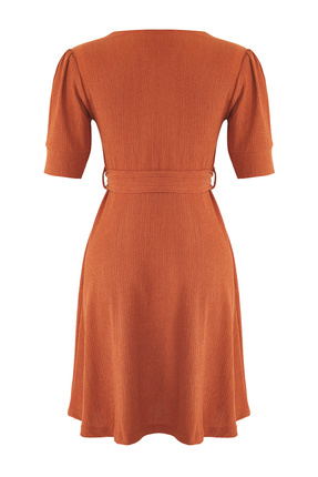 Tarçın V Yaka Balon Kol Kuşaklı Skater/Belden Açılan Mini Örme Elbise TEDSS25EL00009 Image 1