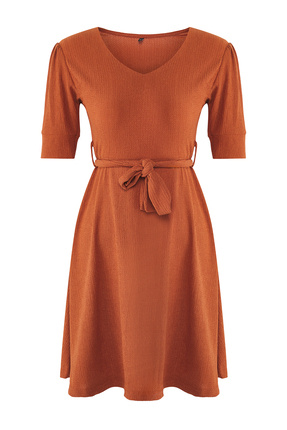 Tarçın V Yaka Balon Kol Kuşaklı Skater/Belden Açılan Mini Örme Elbise TEDSS25EL00009 Image 0