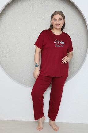 BÜYÜK BEDEN LİKRALI RİNG VİSKON KISA KOL YAZLIK PİJAMA TAKIM Image 0