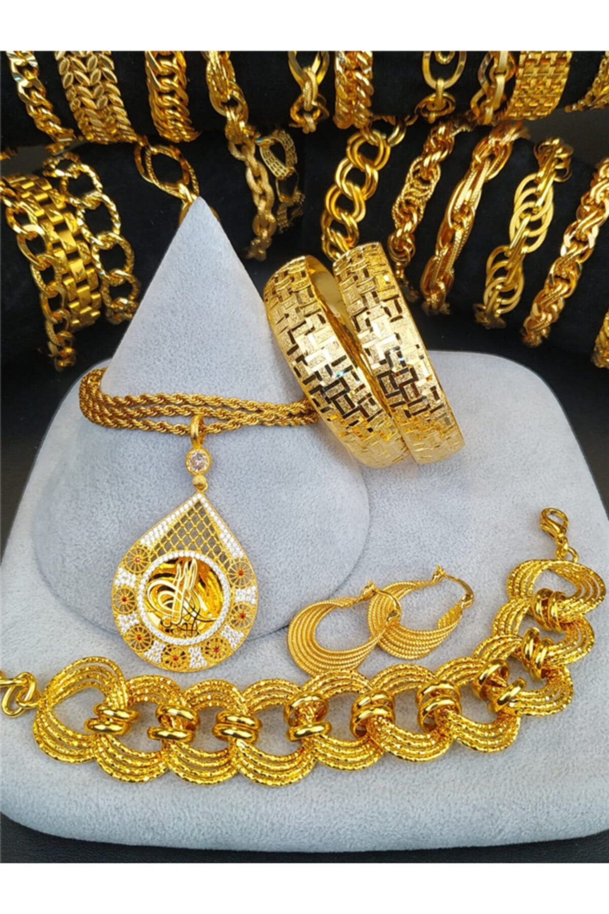 barış gold altın kaplama 22 Ayar Altın Kaplama Kadın 2 Ad 2 Cm Bilezik 1 Ad Kolye 1 Ad Künye 1 Ad Küpe Set