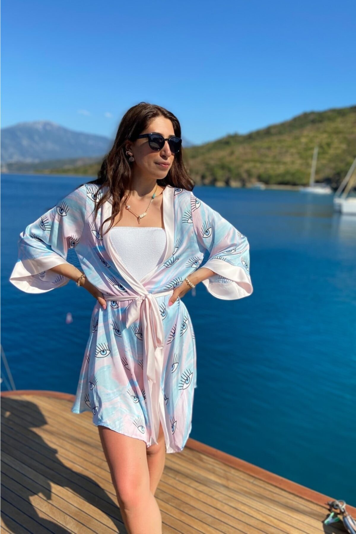 Sista Atelier Göz Desen Şifon Saten Kimono