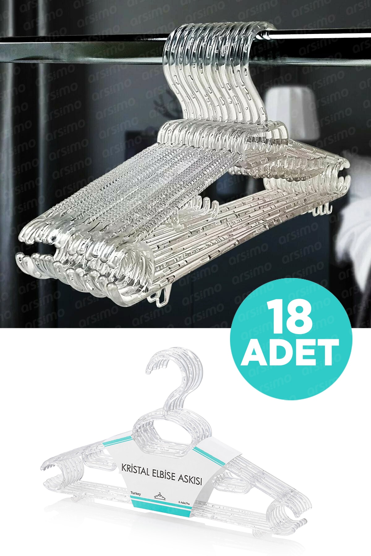 Arsimo Kristal Elbise Askısı Büyük Boy Şeffaf 18 Adet