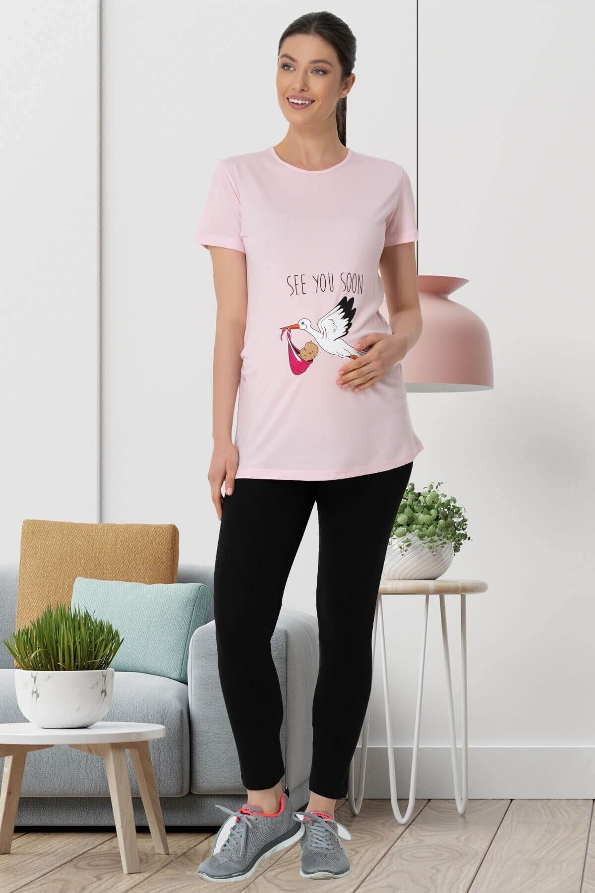 ByLohusa Pembe Hamile Tişört Tayt Takım 5430