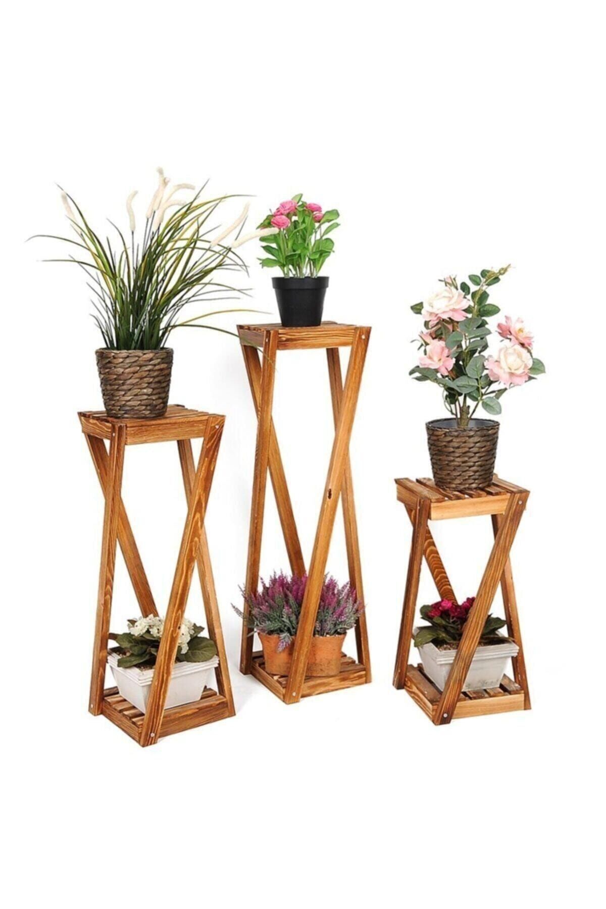 DEHAMODA Ahşap 3lü Takım Saksı Standı Saksılık Çiçeklik 3 Boy Balkon Saksılık Salon Çiçeklik